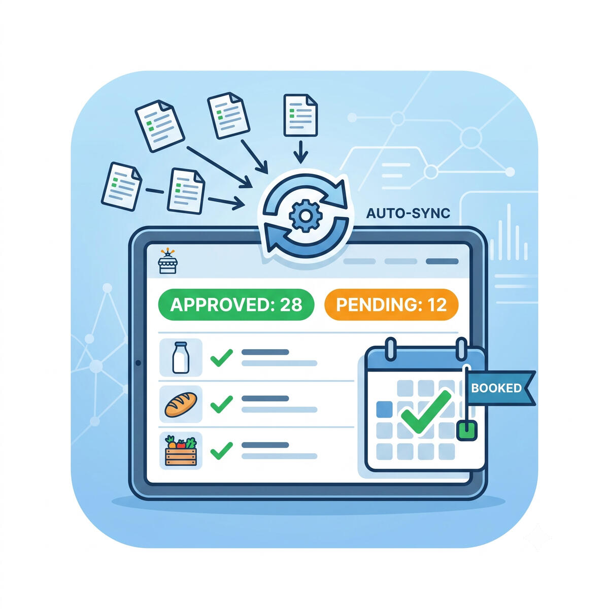 Automated Vendor Approval Dashboard A digital dashboard interface showing vendor applications automatically syncing into an approved calendar schedule.