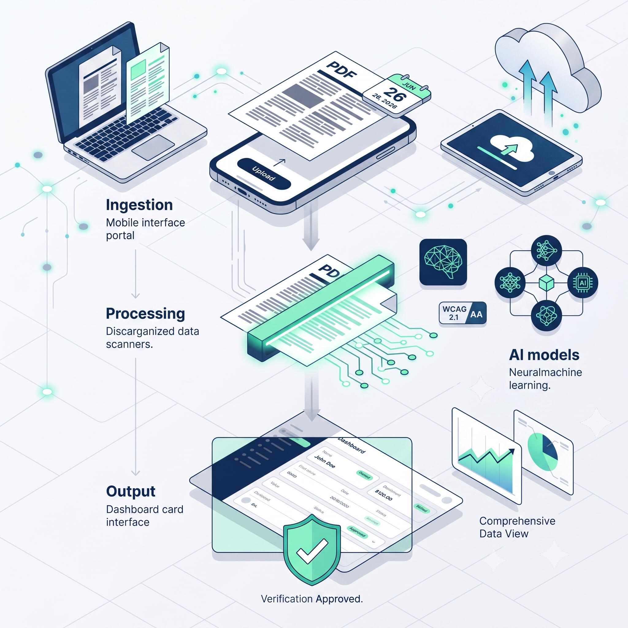 Automated AI Document Verification and Compliance Workflow An isometric diagram illustrating the Local Market Hub software workflow, showing data moving from mobile ingestion, through an AI processing and verification scanner, and outputting to a secure, approved dashboard.