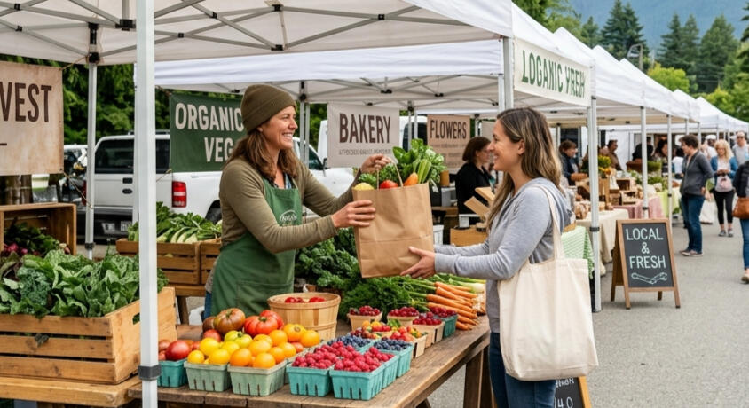 Accessible Vendor Onboarding for Local Farmers Markets A farmer is handing a bag of fresh produce to a customer across the table of vegetables at a busy outdoor farmers' market.