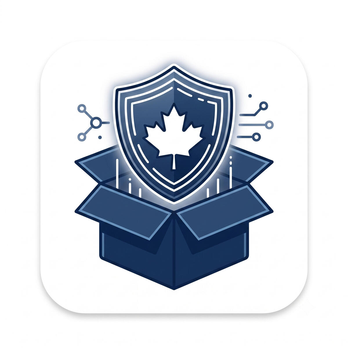 Canadian Grant-in-a-Box Solution A digital icon showing a secure glowing shield with a Canadian maple leaf emerging from an open cardboard box.