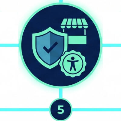 Step 5: Automated Compliance A digital icon showing a secure shield overlapping a vendor market stall and an accessibility badge, representing step five: automated compliance. connected database nodes.