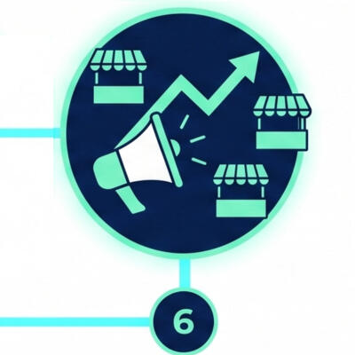 Market Growth and Vendor Expansion A digital icon showing an upward-trending chart emerging from a megaphone next to market stalls, representing step six: market growth and public relations.