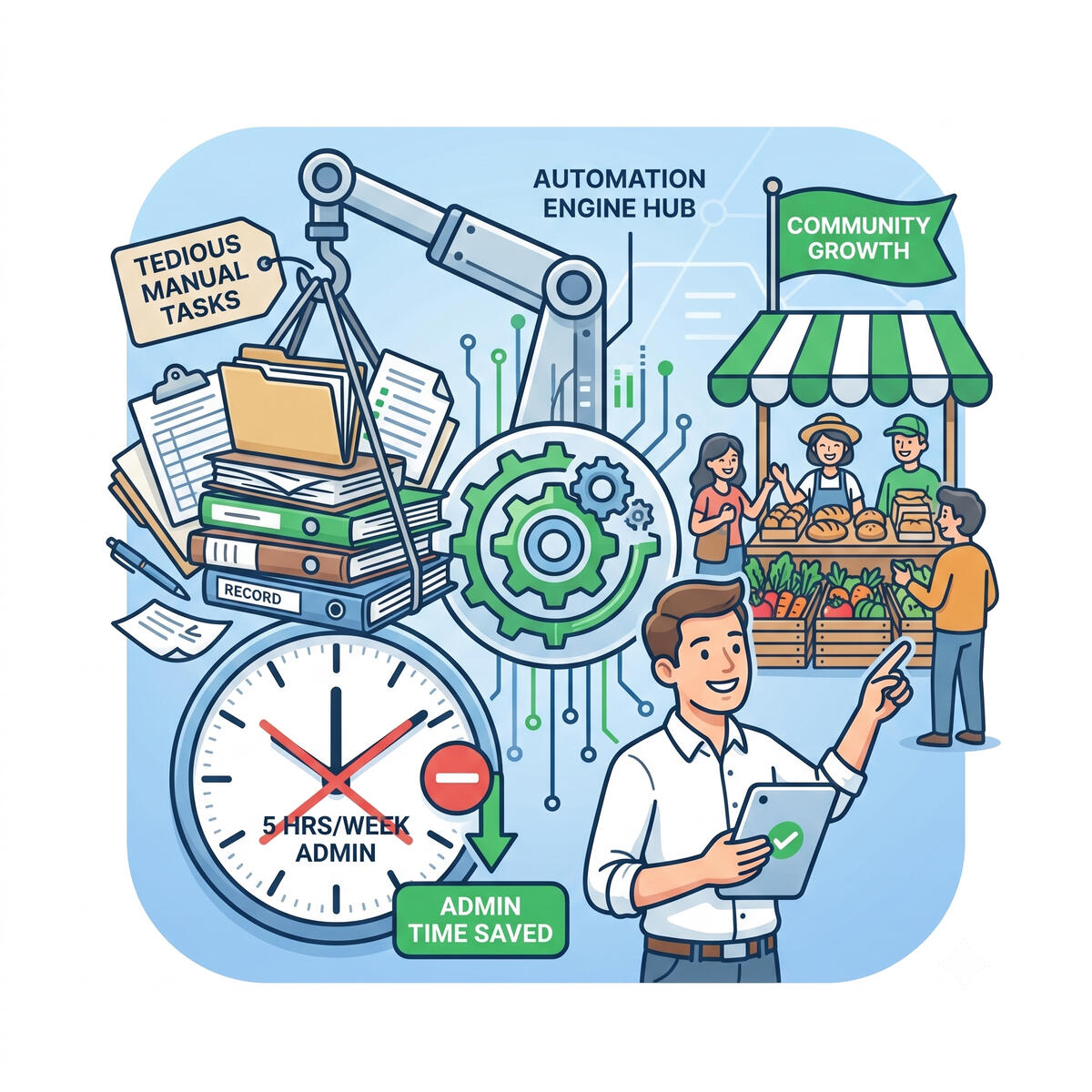 Automating Manual Administrative Labor An illustration showing an automated machine converting a chaotic pile of paperwork into reclaimed time, allowing a market manager to focus on vendors.