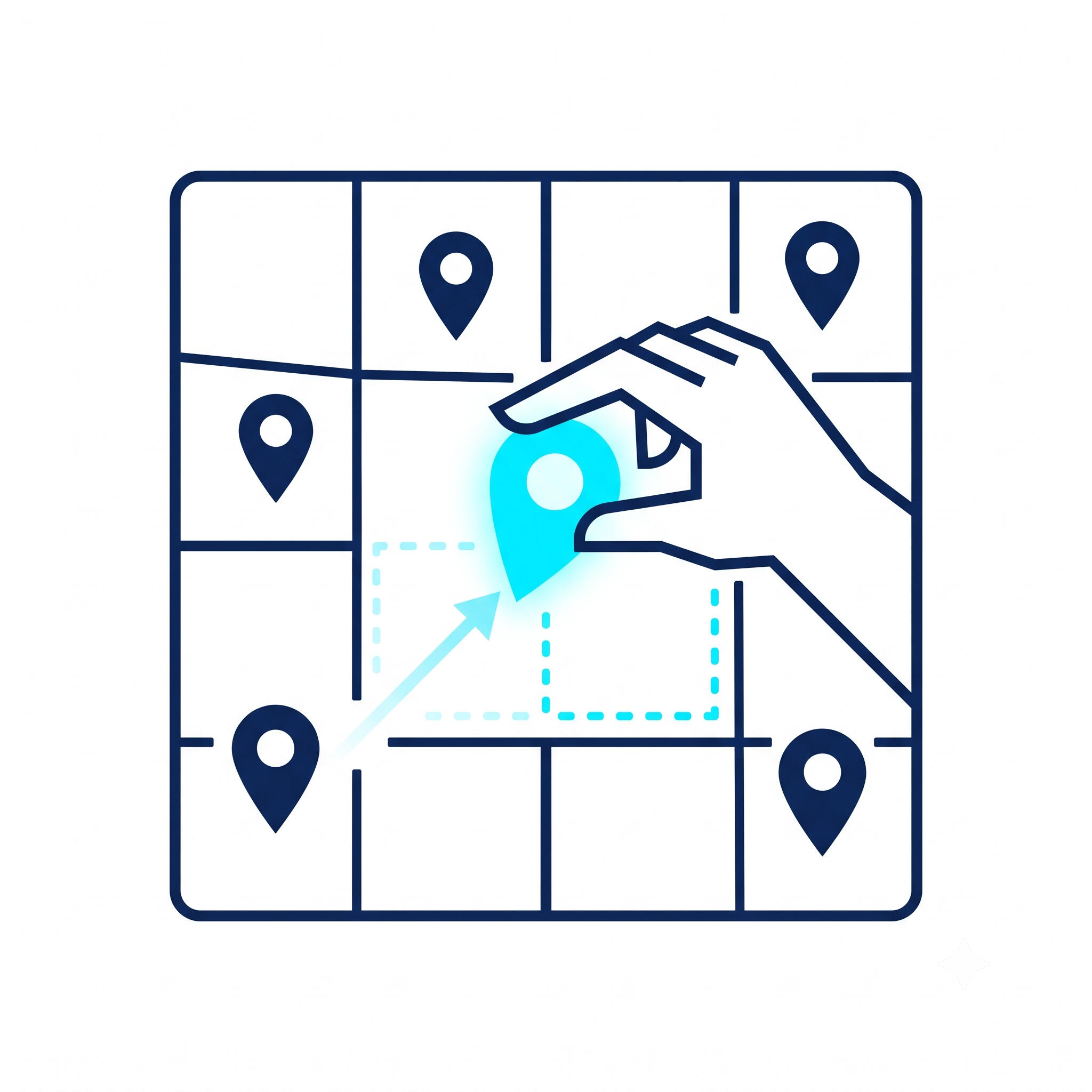 Drag-and-Drop Digital Market Mapping Tool An icon showing a digital map grid where a hand cursor is dragging and dropping a glowing location pin into an empty booth space.