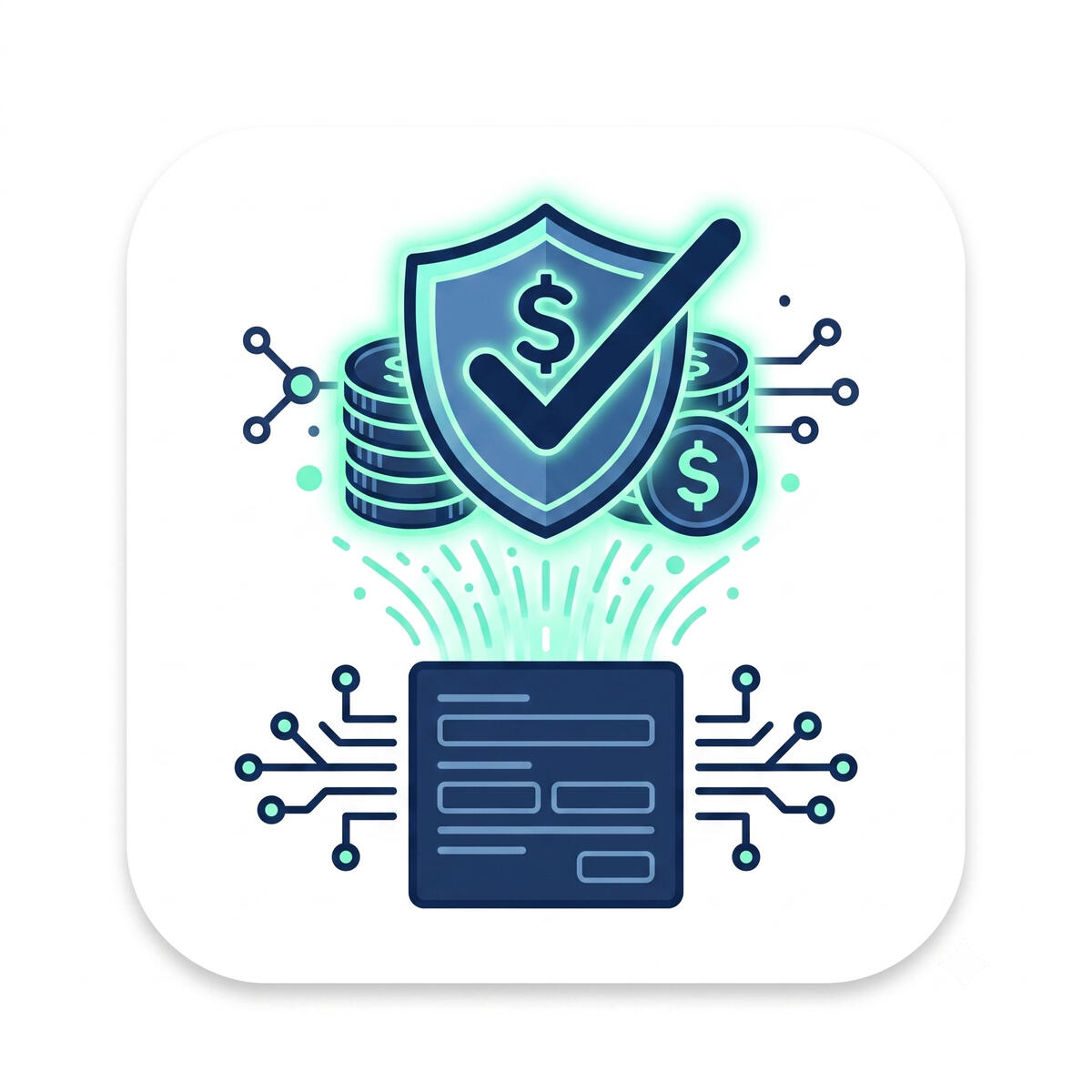 Grant-Subsidized Secure Software Deployment A digital icon showing a secure glowing shield with a checkmark and dollar signs, hovering above a computer processing unit.