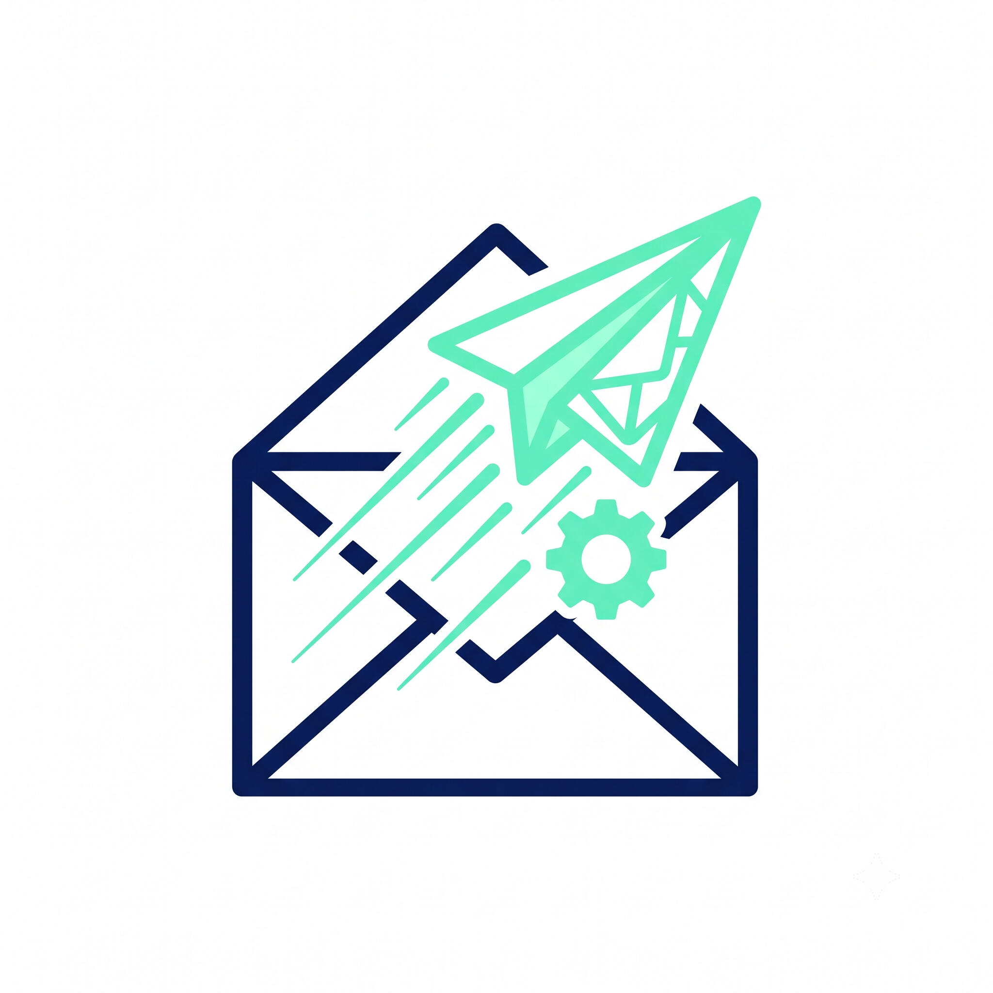 Automated Vendor Communication System A digital icon showing an open envelope with a paper airplane launching upward, featuring a small gear symbol to represent automated email delivery.