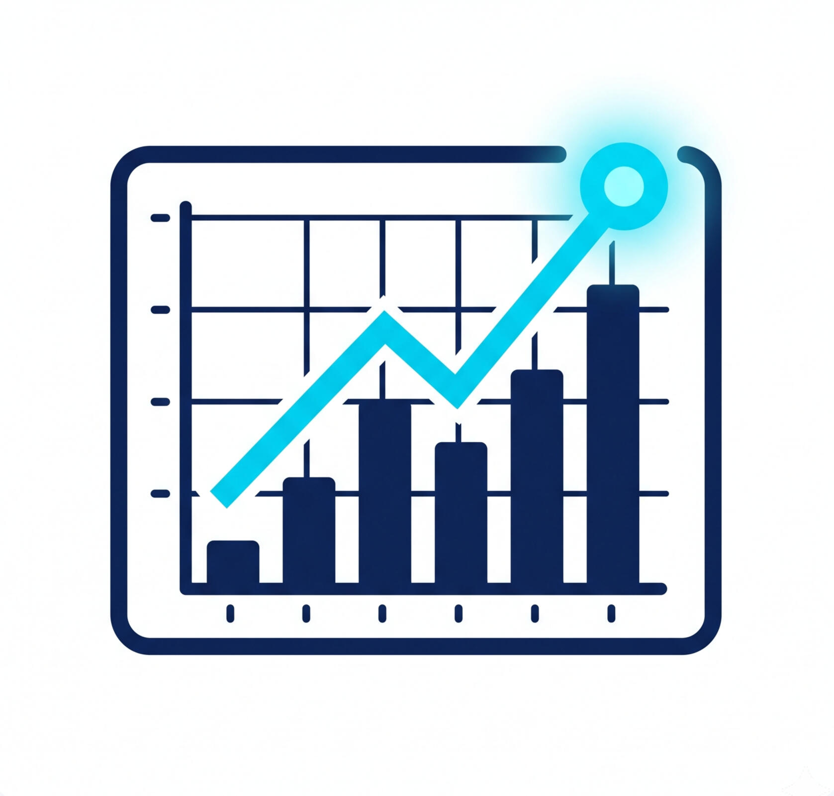 Centralized Market Analytics Dashboard A digital dashboard icon displaying a dark blue bar graph with a glowing cyan trend line pointing upwards, representing real-time analytics.