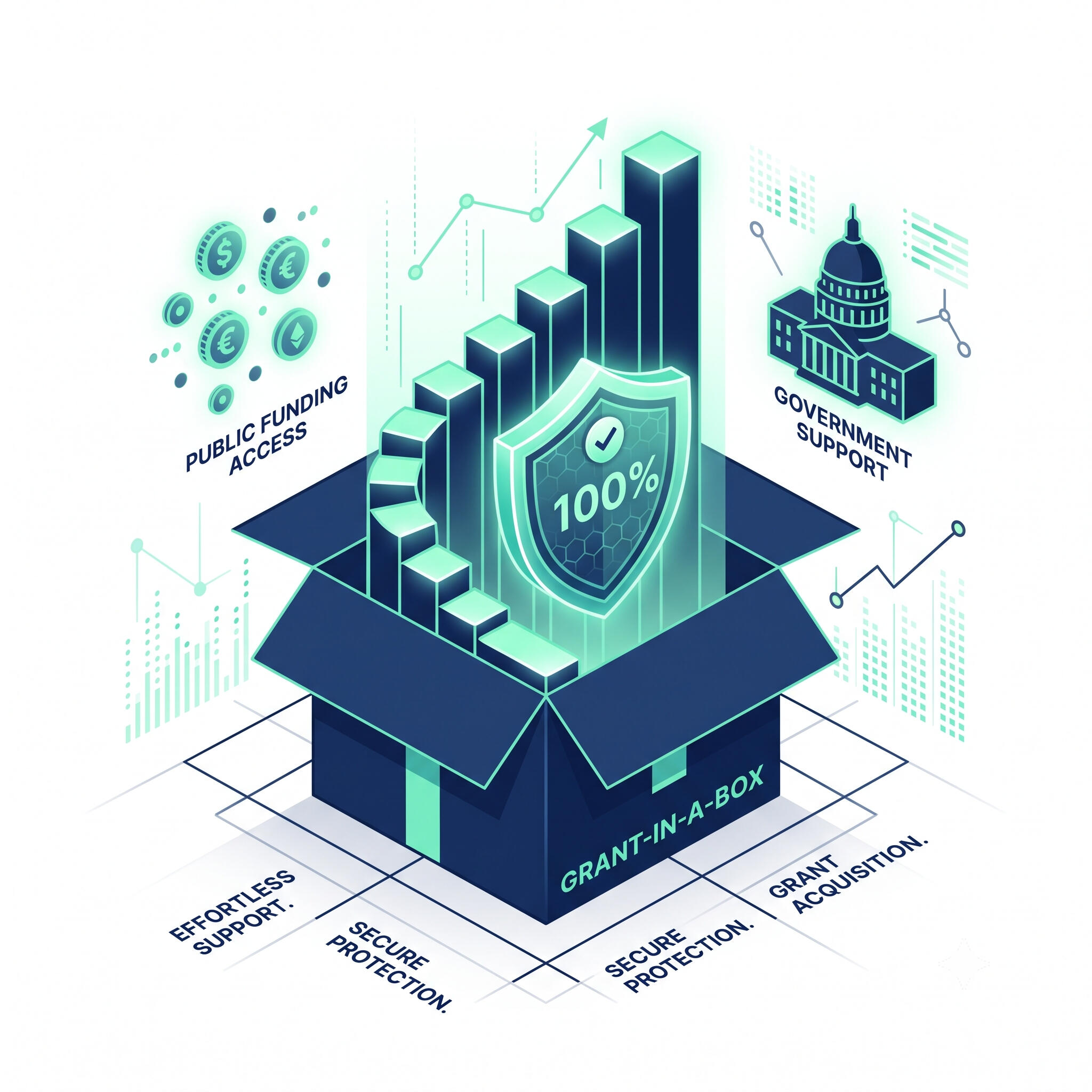 100% Grant-Funded Compliance Solution An isometric graphic showing a glowing secure shield marked 100% and an upward-trending bar chart emerging from a box labeled 'Grant-in-a-Box', with arrows indicating public funding access from a government building.