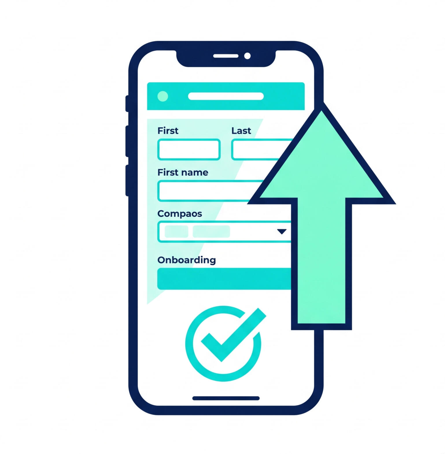 Mobile-Optimized Vendor Application Interface A digital icon of a smartphone displaying an application form, with a large upward arrow indicating a secure upload and a checkmark signifying approval.