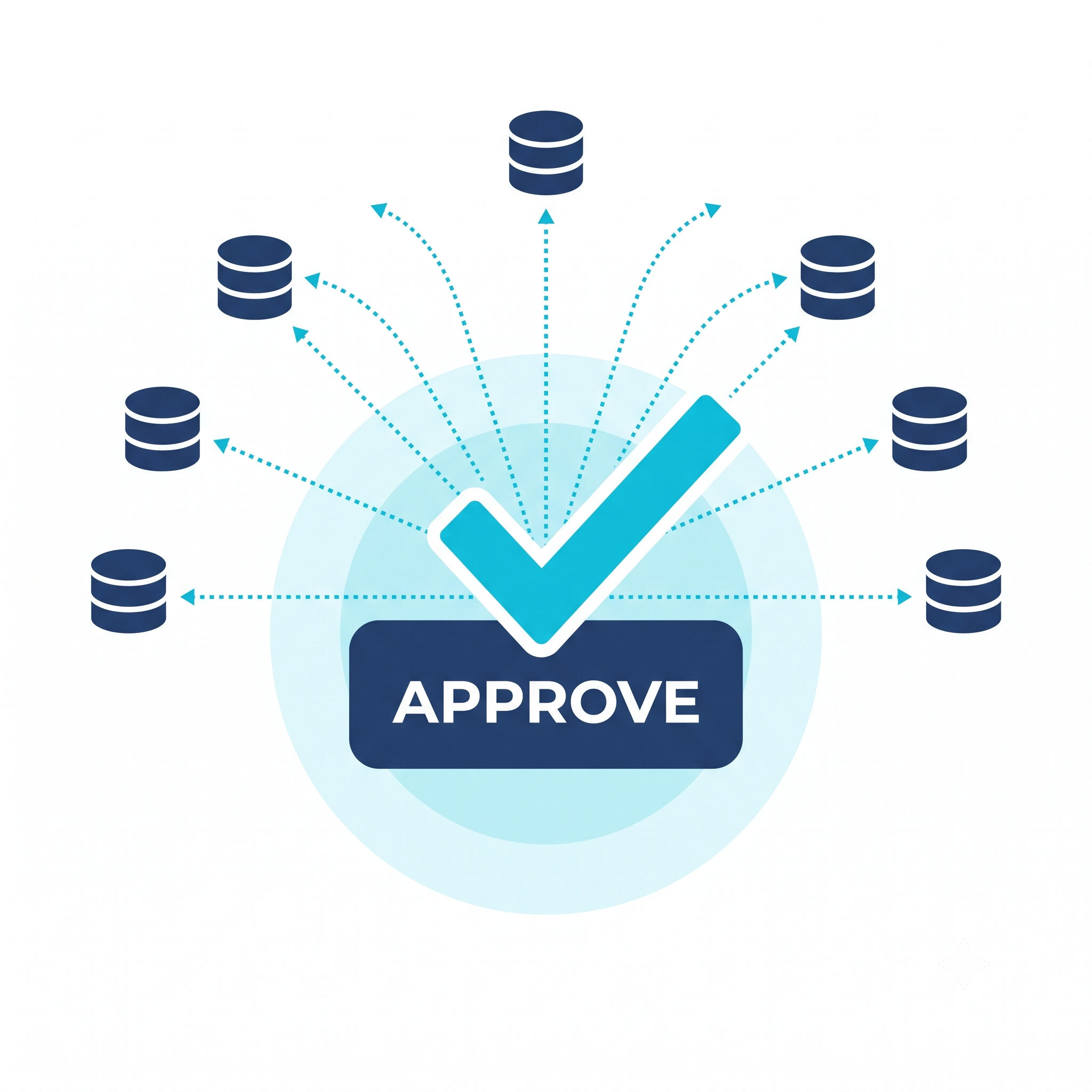 One-Click Automated Database Synchronization A digital icon showing a central Approve button with a checkmark, with dotted lines automatically routing data outward to multiple connected database nodes.