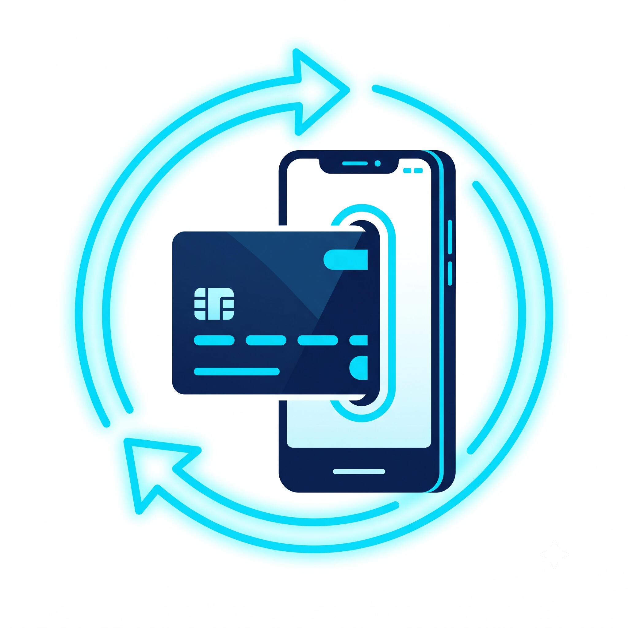 Secure Stripe Payment Integration A digital icon showing a credit card sliding into a smartphone, surrounded by glowing circular arrows representing automated payment processing.
