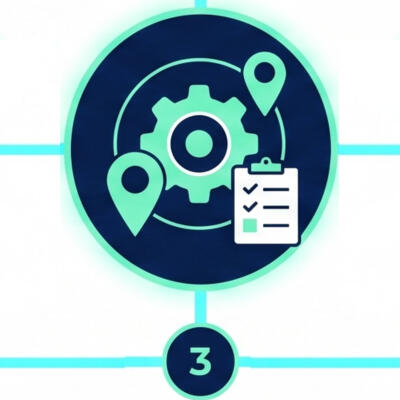Step 3: Municipal Customization A digital icon showing a software gear integrating with a regional map pin and a checklist, representing step three: municipal customization.
